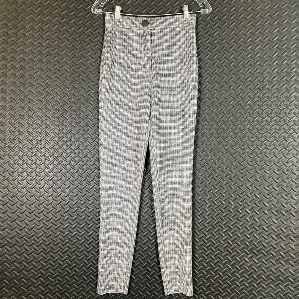ZARA Plaid Slim Fit High Waist Pants Gray Black White Stretch Dressy Women's XS